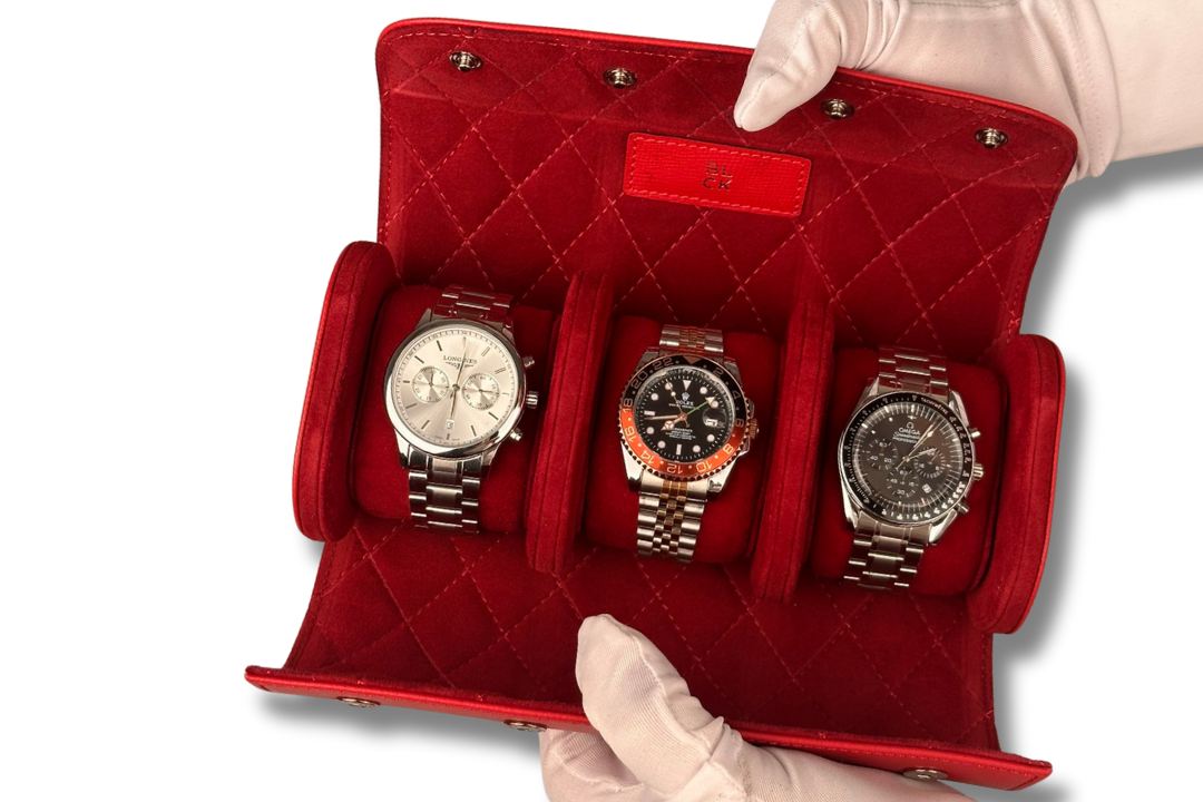 BLCK saffiano red watch roll suede interior