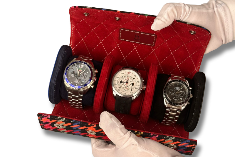 BLCK dark multicolor houndstooth watch roll suede interior