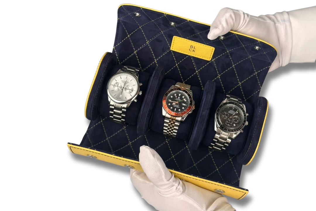 BLCK saffiano yellow watch roll suede interior