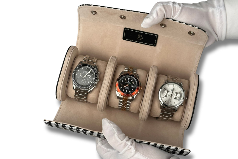 BLCK black houndstooth watch roll suede interior