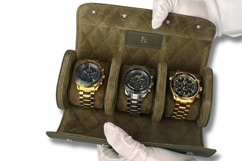 BLCK saffiano olive green watch roll suede interior