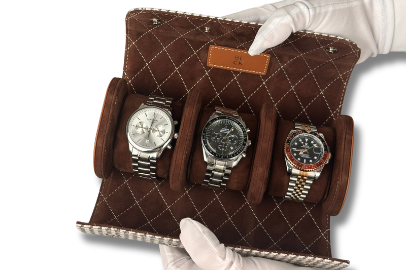 BLCK Brown Houndstooth watch roll interior suede lining