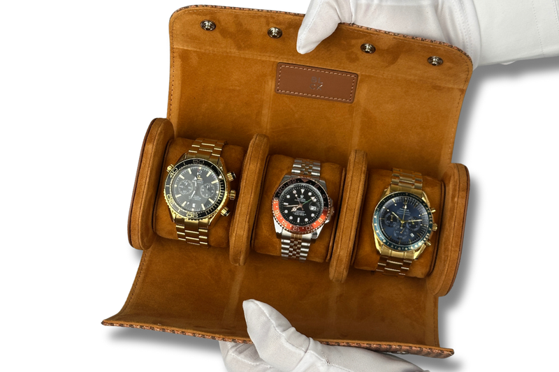 BLCK tan houndstooth watch roll suede interior