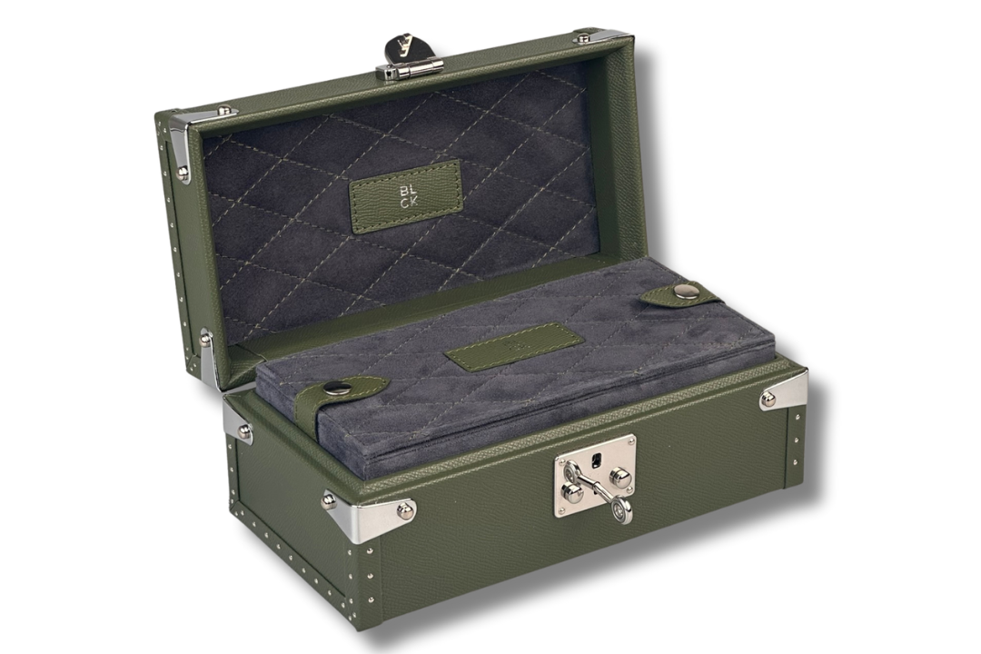 BLCK saffiano watch case suede interior compartments