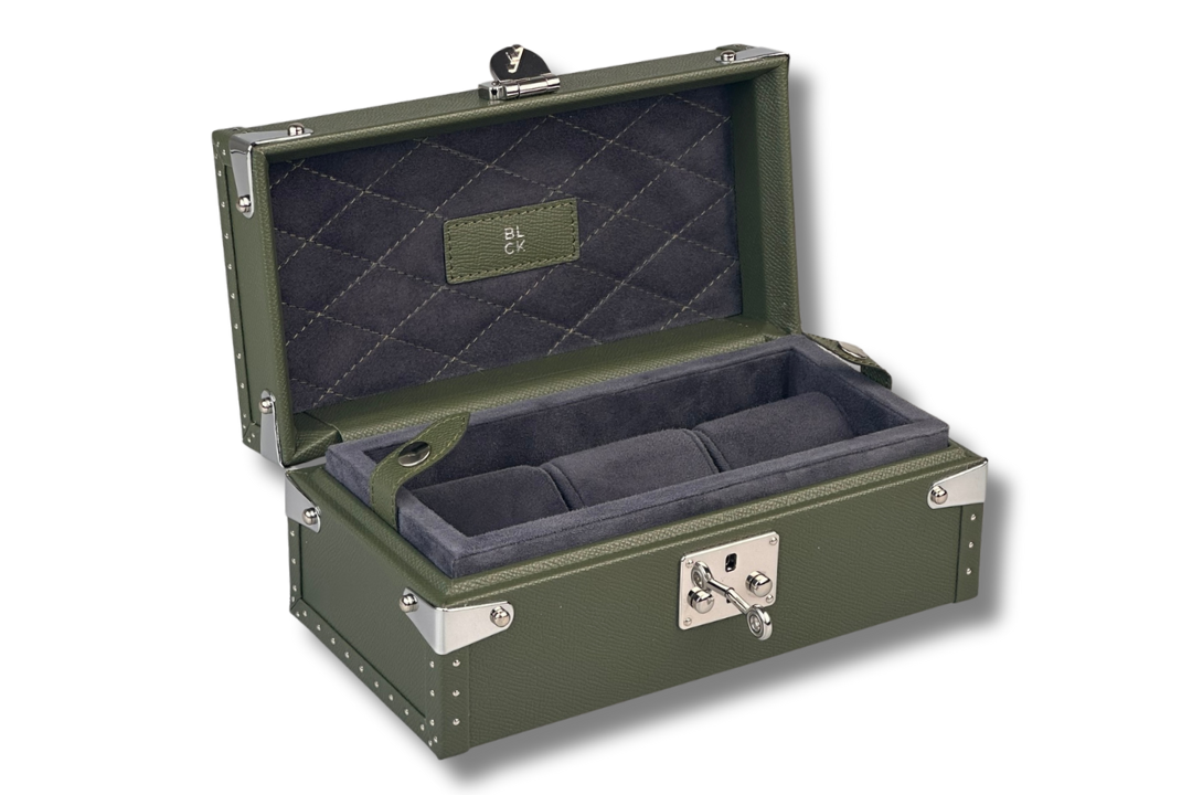 BLCK saffiano watch case suede interior compartments