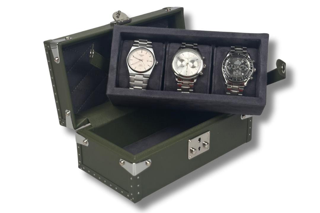 BLCK saffiano watch case suede interior compartments