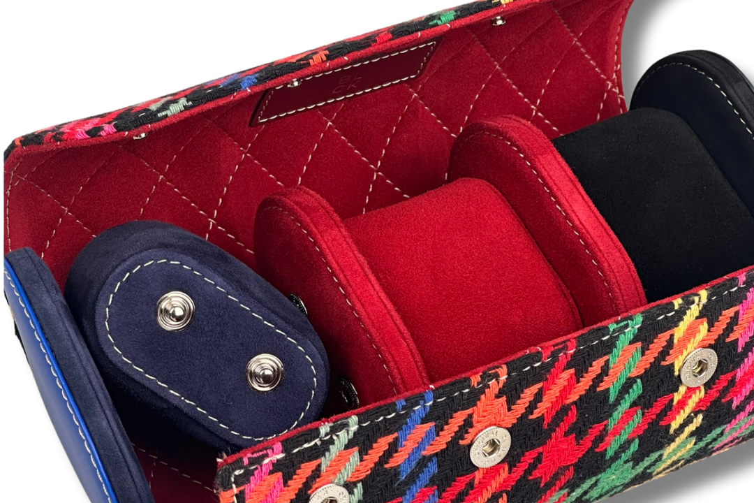 BLCK dark multicolor houndstooth watch roll suede interior