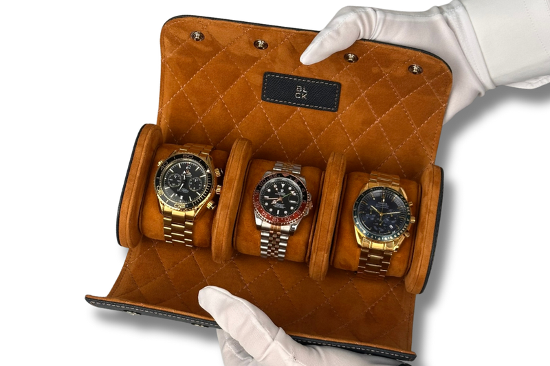 BLCK saffiano navy blue watch roll suede interior